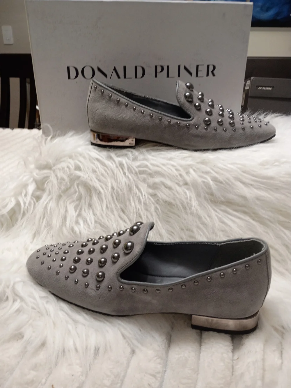 Women's Donald Pliner Rebel 2 Pewter Studded Suede Loafers in Gray 7M